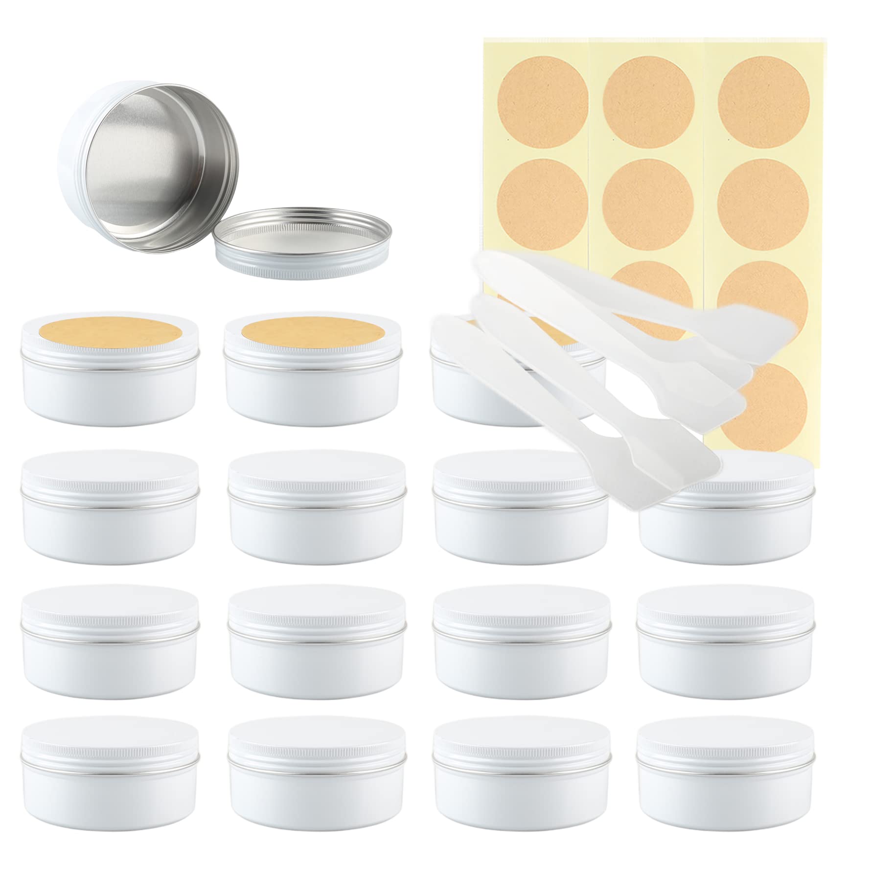 LusDoly Pack of 30 Empty 150ml White Aluminium Tins with Lids - Ø83x38mm Aluminum Screw Pots Travel Round Cosmetic Cream Container Jars for Candle Lip Balm, Salve, with Spatulas & Labels