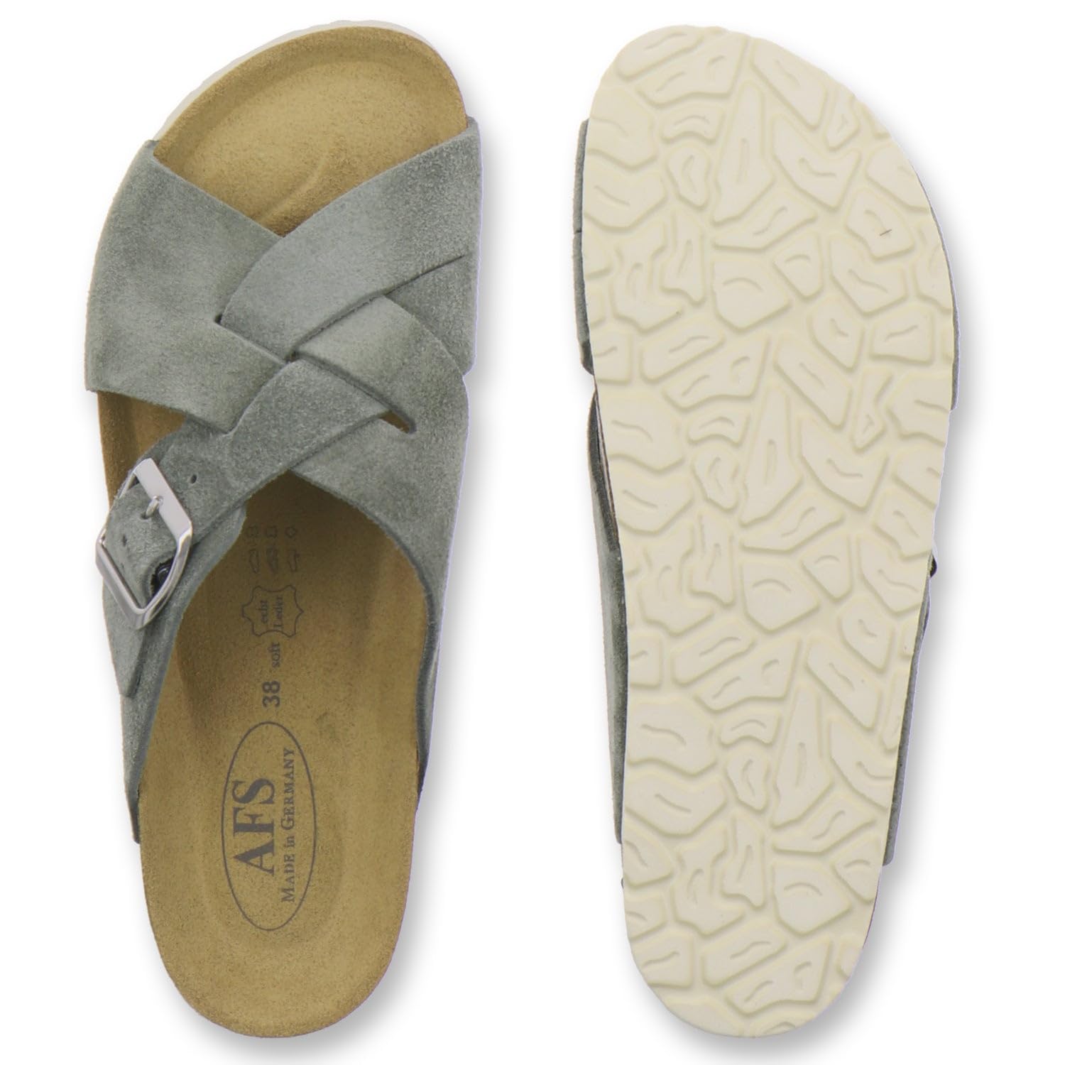 AFS-Schuhe 2141, Pantofole da donna alla moda in vera pelle, sandali estivi con grande fibbia, realizzati a mano in Germania