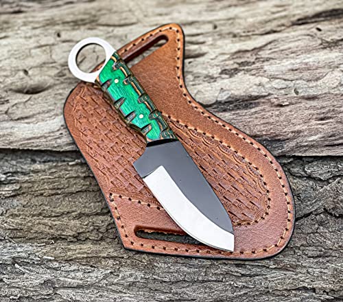 TAC KNIVES 7'' Full Tang Fixed Blade Outdoor Camping Hunting Knife In Sheath Gift For Him | 1095 High Carbon Steel Knife | Bushcraft Survival Knife Gift | Cowboy knives | Pancake leather sheath (GREEN)