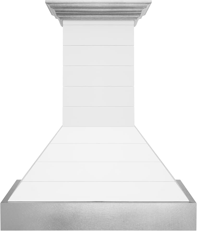 ZLINE 30 in. Wooden Wall Mount Range Hood in Rustic Shiplap Bright White Finish with Stainless Steel Accents (365WW-30)