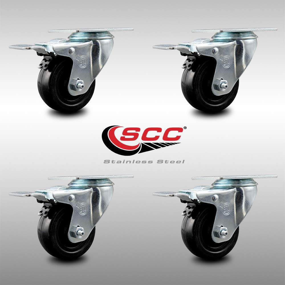Stainless Steel Hard Rubber Swivel Top Plate Caster Set of 4 w/3