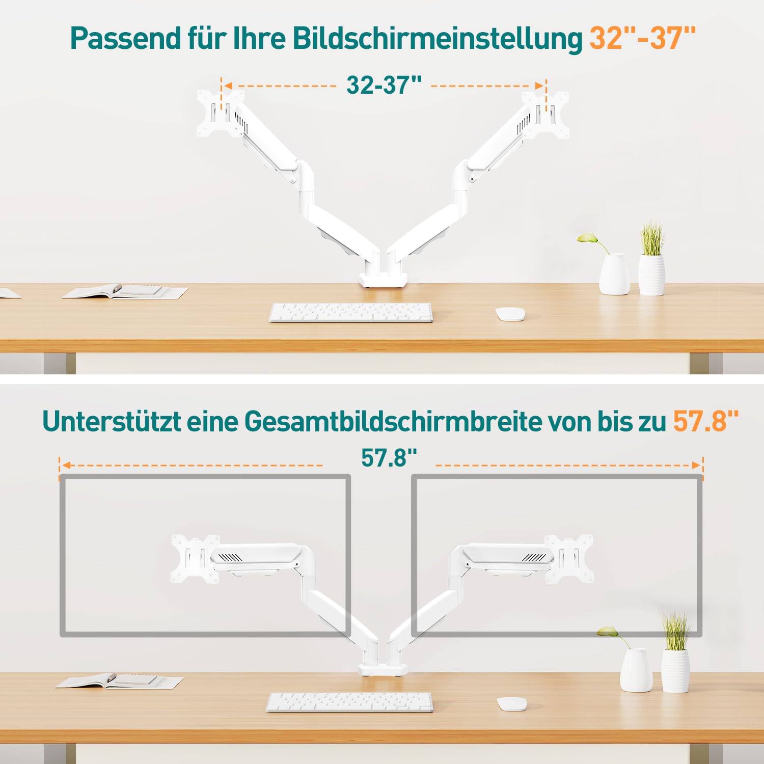 ELIVED Dual Monitor Halterung 2 Monitore weiß für 13-32 Zoll Bildschirme mit VESA 75/100, Gasdruckfeder 2 Monitorhalterung schwenkbar 180°, Drehbar 360°, Höhenverstellbar Monitor Arm, 9kg/Arm