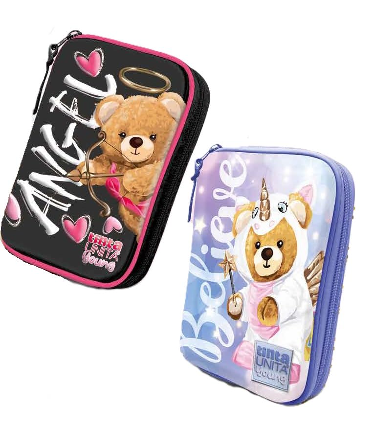Tinta Unita Astuccio Rigido One Time EVA 21.5×14×7 cm – Completo Scuola Fantasie Young Orsetto e Cupido – 2 Penne Cancellabili + Pastelli + Accessori (RosaNero Cupido)