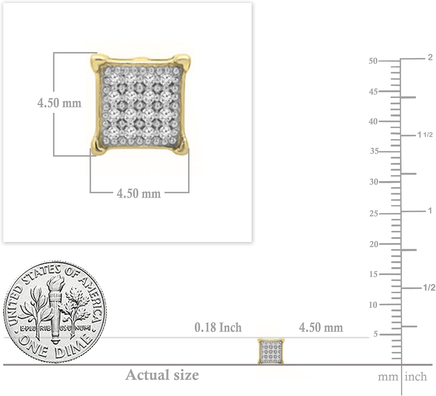 Dazzlingrock Collection Round White Diamond V Prong Square Hip Hop Iced Unisex 1Pc Stud Earring (0.03 ctw, Color I-J, Clarity I1-I3) in Gold