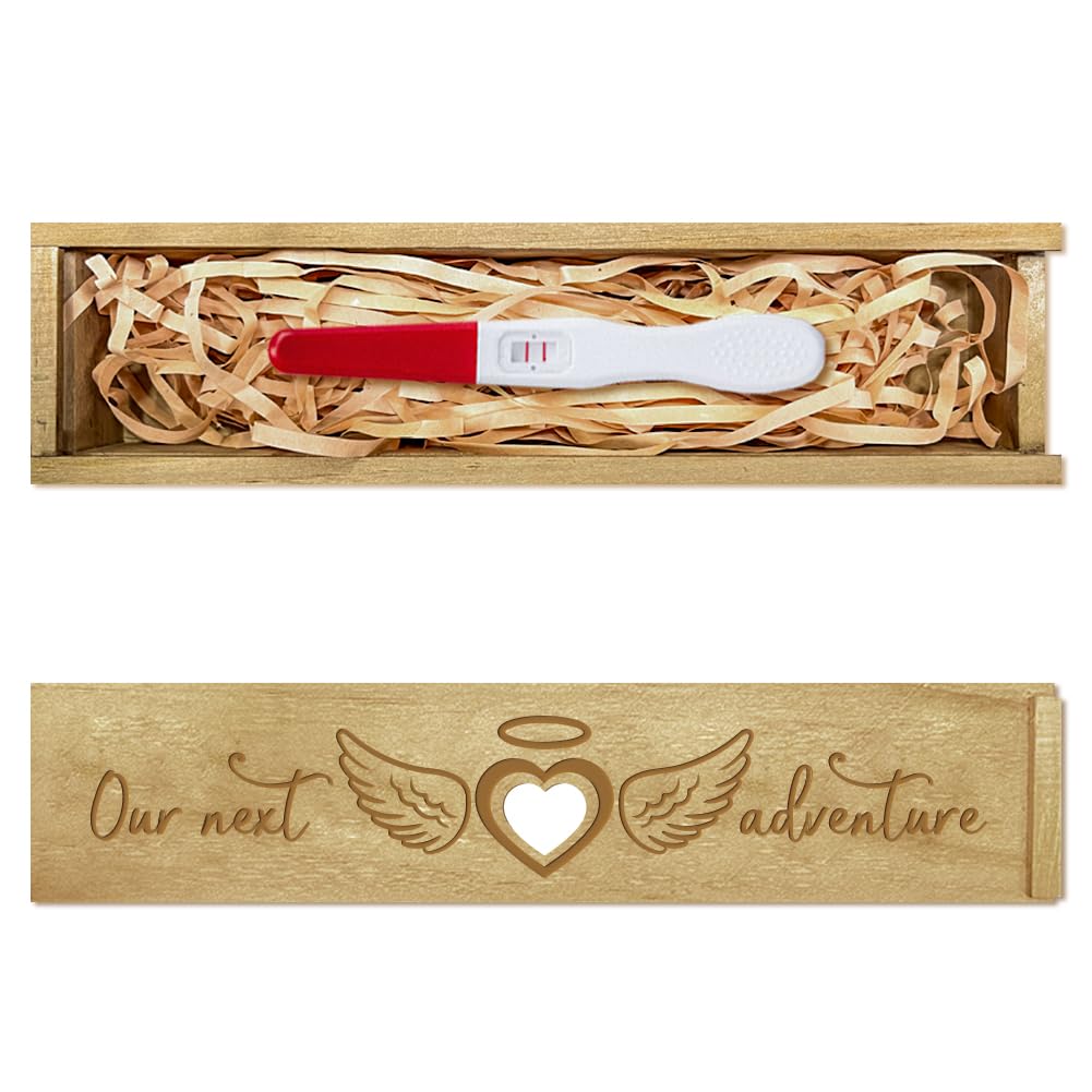CHGCRAFT Pregnancy Test Keepsake Box Love Heart Wings Pregnancy Test Gift Box with Raffia Ribbon Push Pull Wooden Pregnancy Announcement Gifts Box Announcement Gifts for Dad 8x2x1.2inch