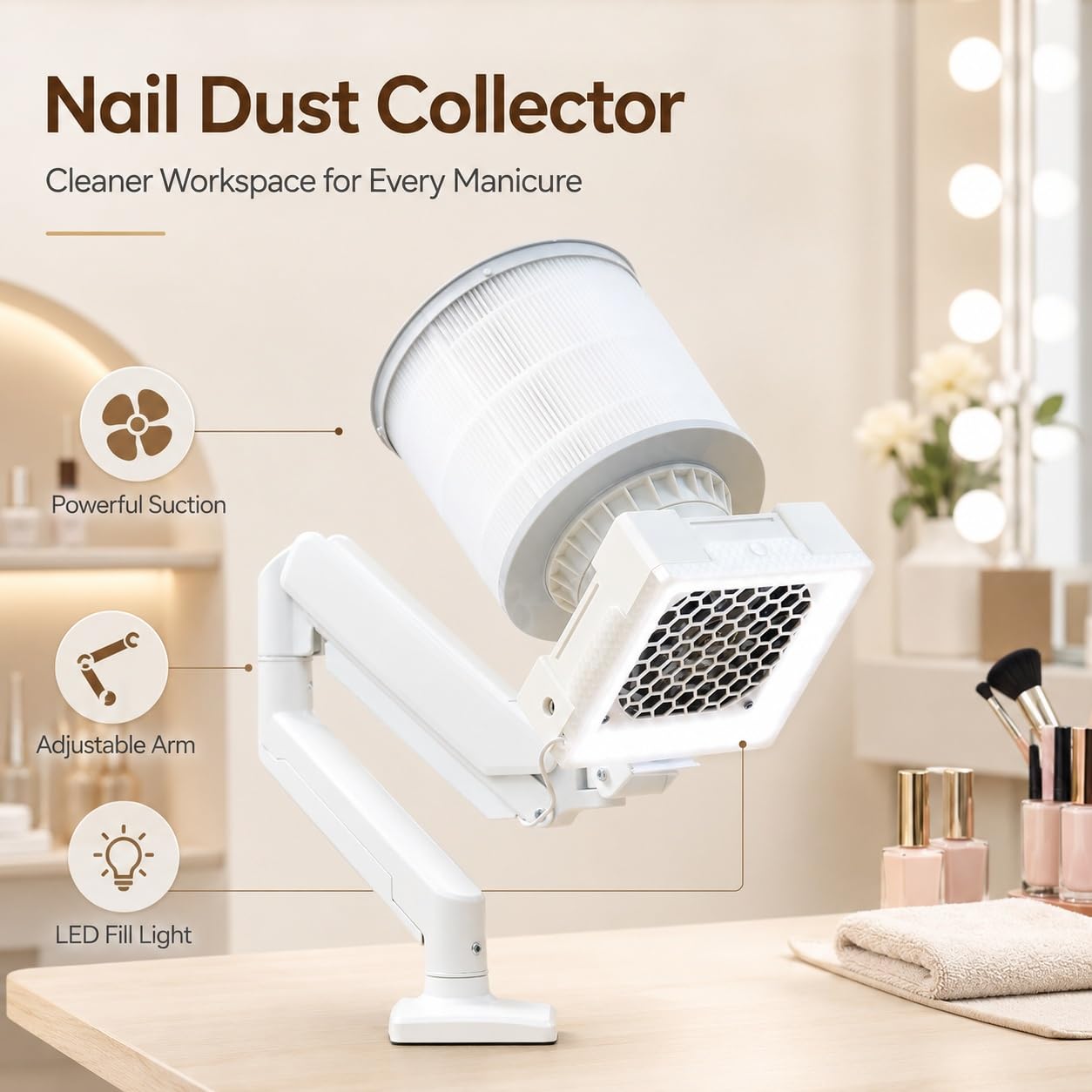 Odkurzacz stacjonarny do manicure 36 W + 5 W, oświetlenie Clip-On | Wykończony w klasycznym białym kolorze, który doskonale uzupełnia wystrój nowoczesnego salonu.