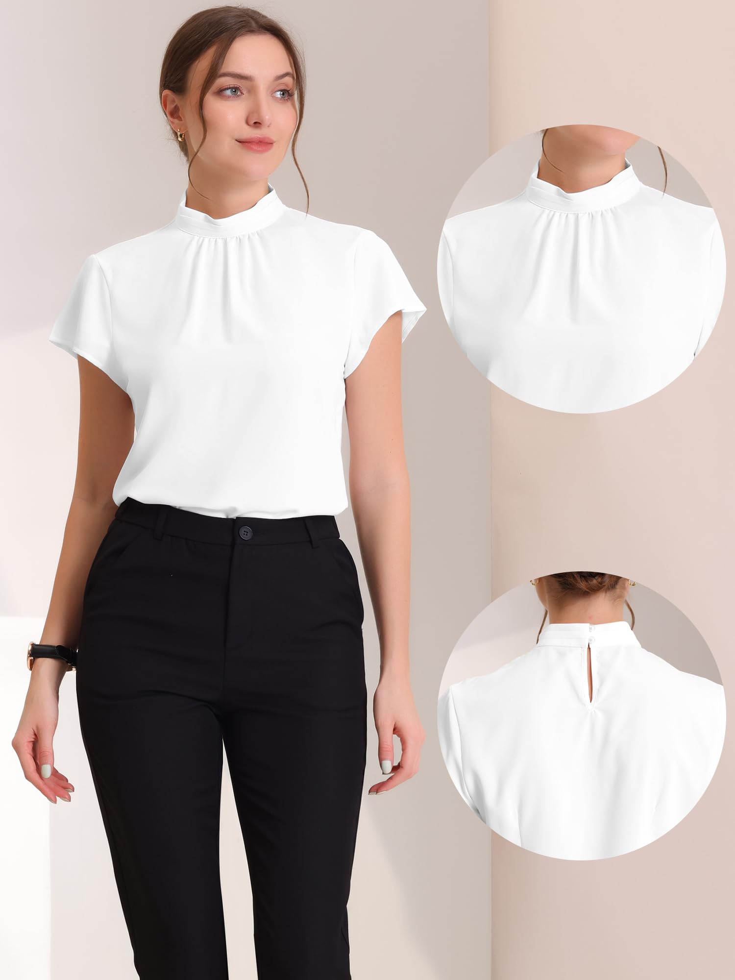 Allegra K Top da lavoro da donna con colletto alla coreana, manica ad aletta e buco della serratura sul retro, elegante