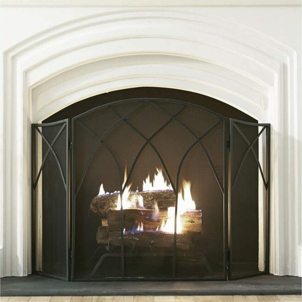 Protector de Pantalla para Chimenea, Pantalla de protección de Arco de 3 Paneles con Doble Barra para Chimenea, Pantalla de Chimenea Negra Grande para chimeneas