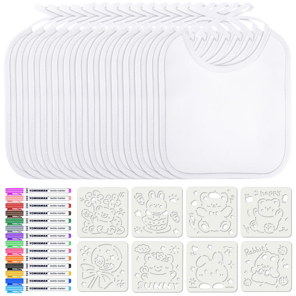 Aolso Baby Lätzchen zum Bemalen - 14 Stück - Mit 14 Textilstiften und 8 Zeichenvorlagen - Wasserdichtes Lätzchen (20 * 24cm)