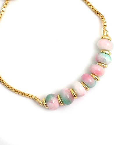 Vista 125 de Gempires - Pulsera de cuentas redondas naturales, chapada en oro amarillo de 14 quilates, joyería hecha a mano, pulseras ajustables para mujer