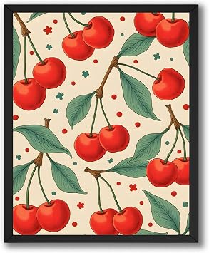 InkFlow Posters Kitchen Cherries Canvas Poster - Repeating Cherry Pattern Illustration Art - Simple Culinary Graphic Print - Modern Kitchen Wall Decor - 24x32 ROLLED CANVAS Print