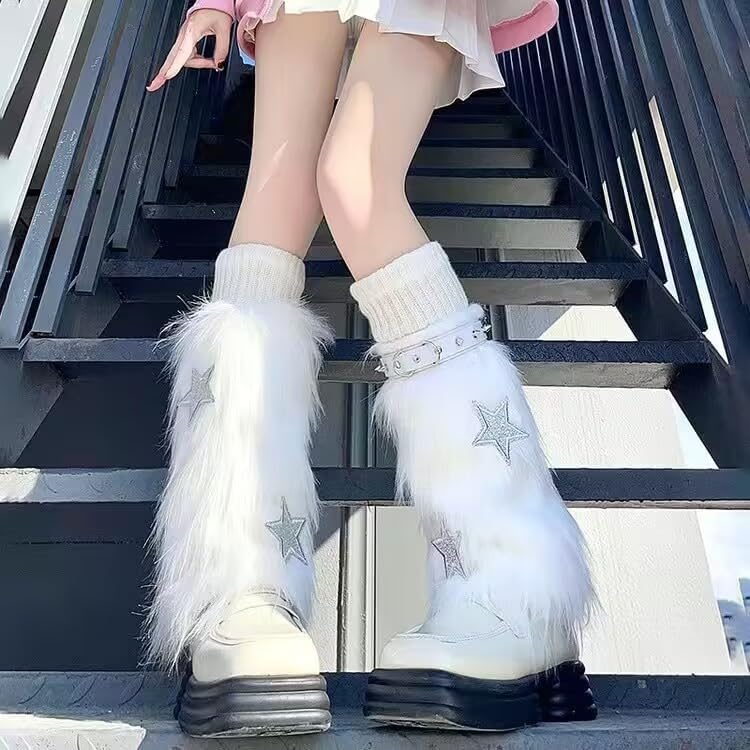 CHERSE Furry Leg Warmers for Women 3in1 Kawaii Star Bone Plush Y2K Leg Socks Pink Lolita Faux Fur 80s Harajuku Punk Gothic