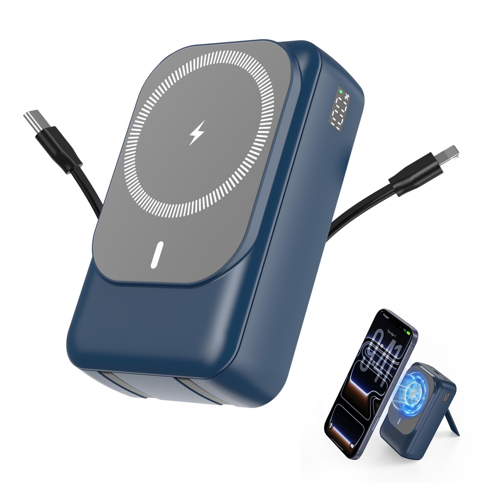 Power Bank magnetico wireless 26800 mAh, Power Bank per Magsafe con cavi integrati, 5 uscite PD 22,5 W, ricarica rapida, compatibile con iPhone 17/16/15/14/13/12 Plus/Mini/Pro/Pro Max – Blu