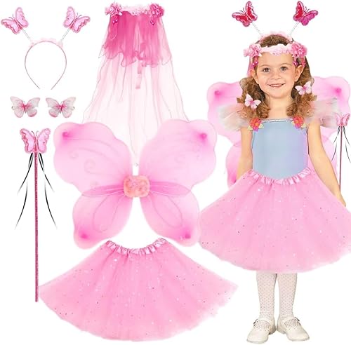Miniatura 5 de WILDPARTY Juego de disfraz de hadas con alas de mariposa, tutú, pinzas para el cabello de mariposa, varita mágica, diadema y velo para edades de 3 a