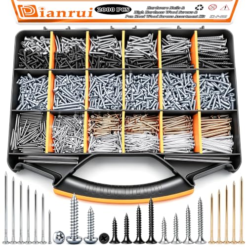 Image of Dianrui 2000 PCS High Hardness Nails & Wood Screws & Sheet Metal Screws Assortment Kit,Phillips Drive Flat & Pan Head Wood Screws Set for Picture Hanging /Wood /DIY with Storage Box