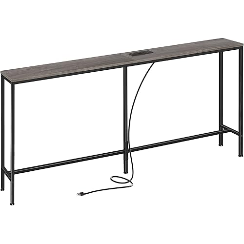 SUPERJARE 70 Inch Console Table with Outlet, Sofa Table with Charging Station, Narrow Entryway Table, Skinny Hallway Table, Behind Couch Table, for Living Room - Charcoal Gray