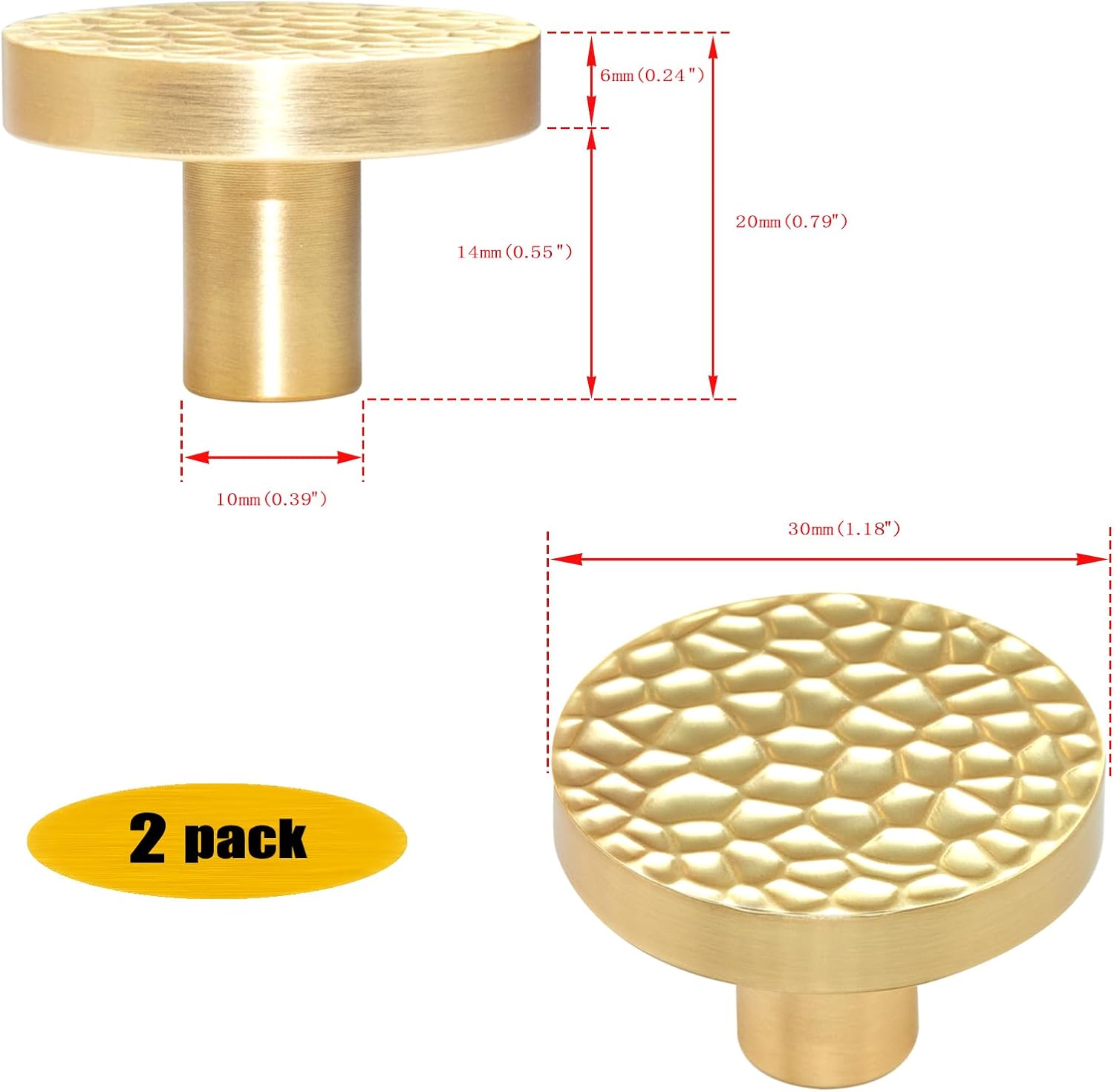 Brushed Gold Cabinet Knobs, 2 Pack Kitchen Cabinet Knobs Zinc Alloy Brass Dresser Knobs for Cabinet and Drawer Hardware Round Cupboard Knob