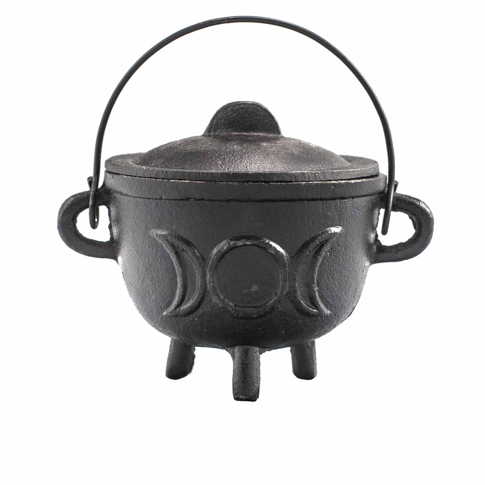 Ancient Wisdom Black Cast Iron Cauldron, Perfect For Witchcraft, Energy Spells, Halloween Altar, Pagan, And Wiccan Rituals (Tripple Moon, 11X13cm)
