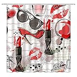 WANVYON Fashion Makeup Shower Curtain Modern Woman Lipstick Perfume High Heels Lips Romantic Cosmetic Polyester Bathroom Curtain with Hooks