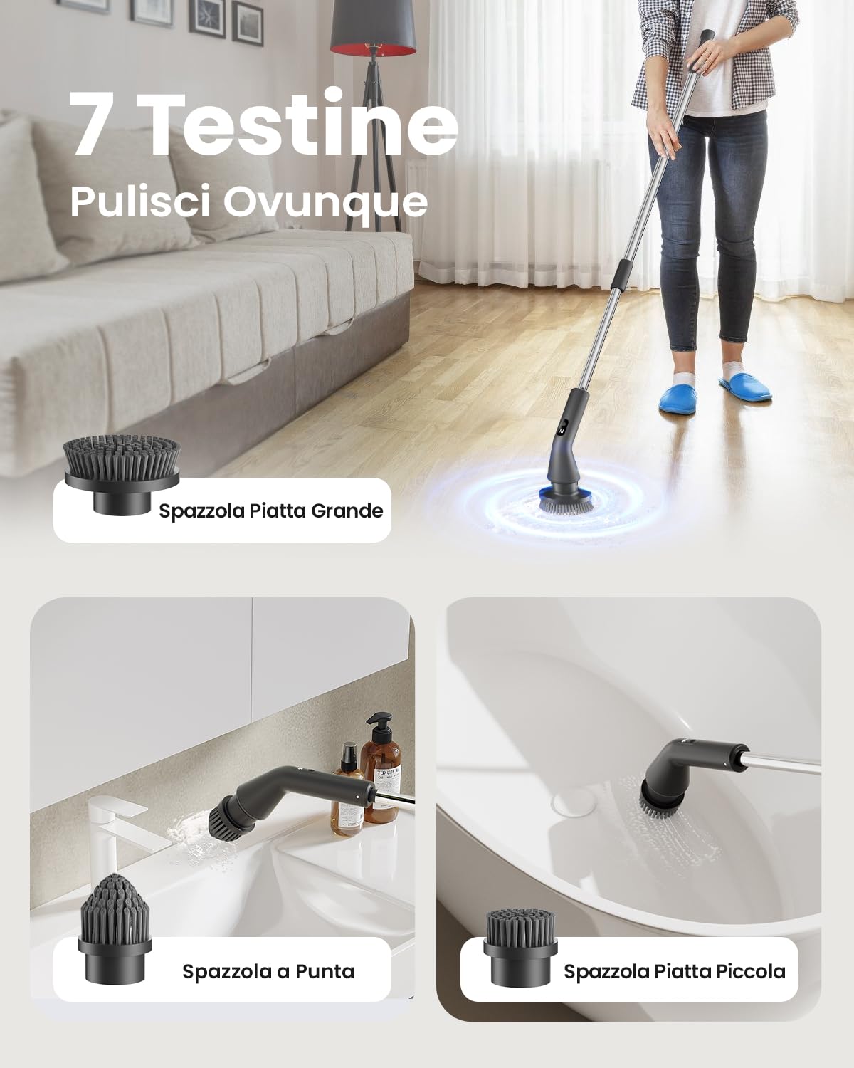 Leebein Spazzola Rotante Pulizia Casa, Spazzola Elettrica per Pulizia, Impermeabile IPX7 con 7 Testine, Manico Estensibile e 2 Velocità per Bagno, Pavimenti e Cucina