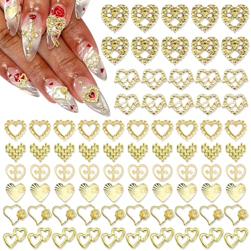 RODAKY 80PCS Gold Heart Nail Charms 8 Styles Hearts Metal Charms for Nail Valentines Day Nail Art Jewels Women Manicure Nail Decoration Accessories