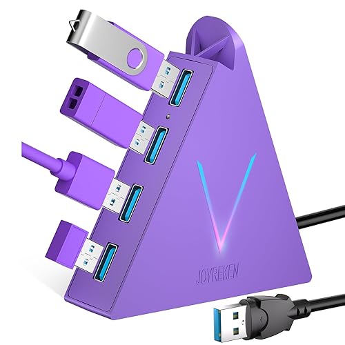 JoyReken 4-Port USB 3.0 Hub, FlyingVHUB USB Hub Tower with 2 ft Extended Cable,USB Splitter for Laptop,PC,PS4,PS5,Xbox,Mouse,Keyboard, Flash Drive,U-Disk (Dark Purple) - 2ft - Dark purple