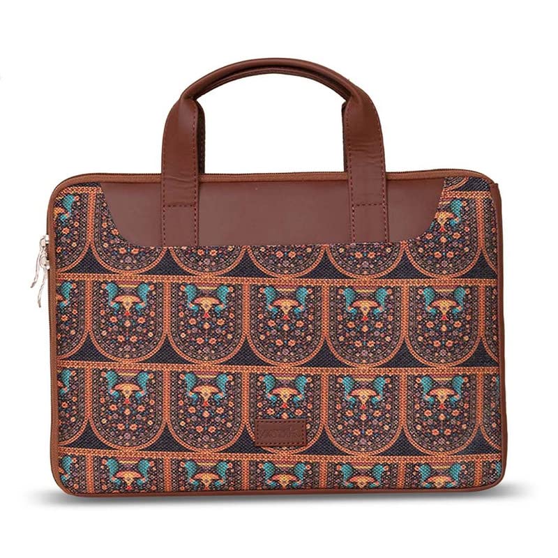 ZOUK Royal Indian Peacock Motif Printed Women's Jute Handcrafted Vegan Leather Black L Zipper Laptop Sleeve 15.6 inch