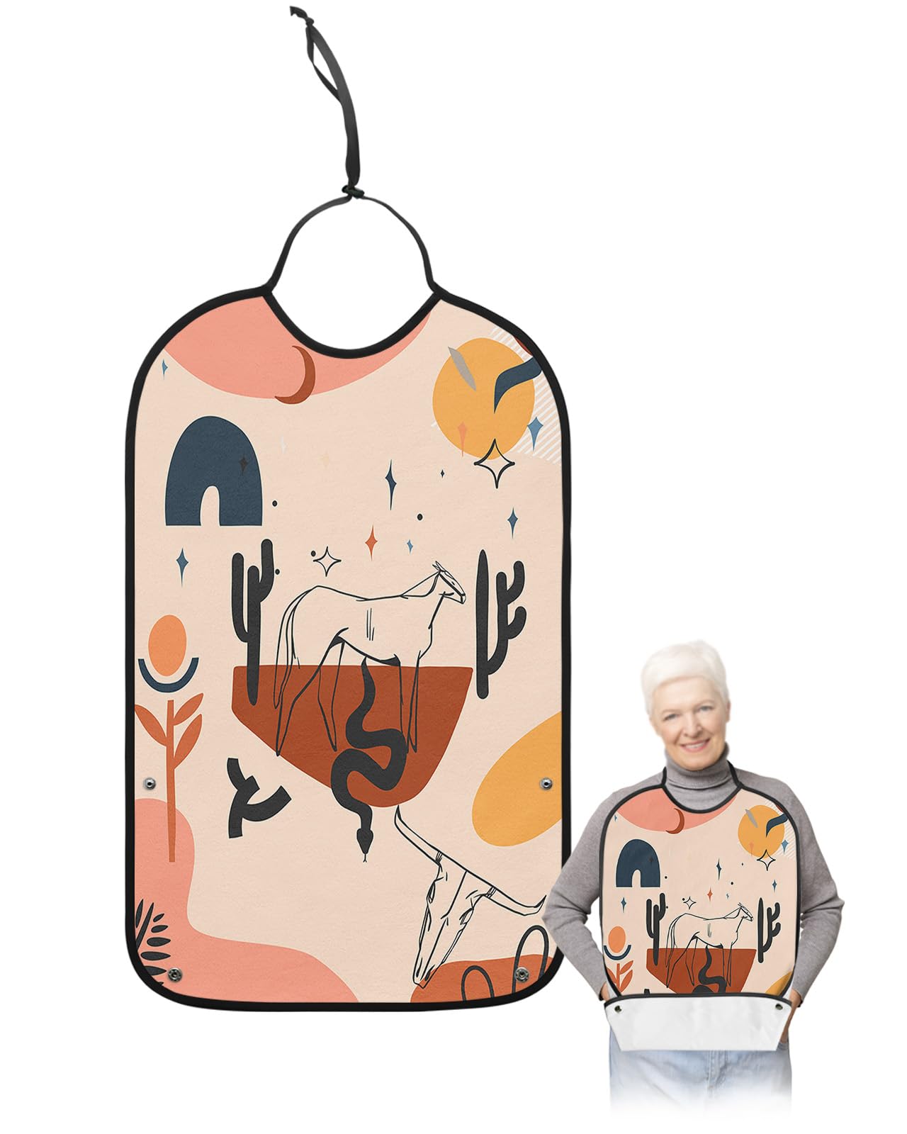 Western Bohomia Adult Bib for Eating with Crumb Catcher,Washable & Waterproof Terry Cloth Adjustable Elderly Women Men Adult Bibs Funny Apron Clothing Protector Vintage Cowboy Modern Horse Star Moon