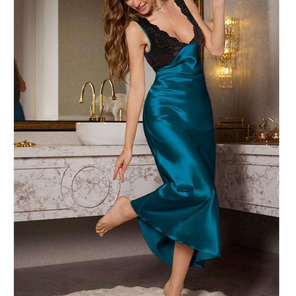 Camicia Da Notte Senza Schienale Con Impiombatura in Pizzo Da Donna Con Scollo A V Profondo Slim Fit Pigiameria in Raso