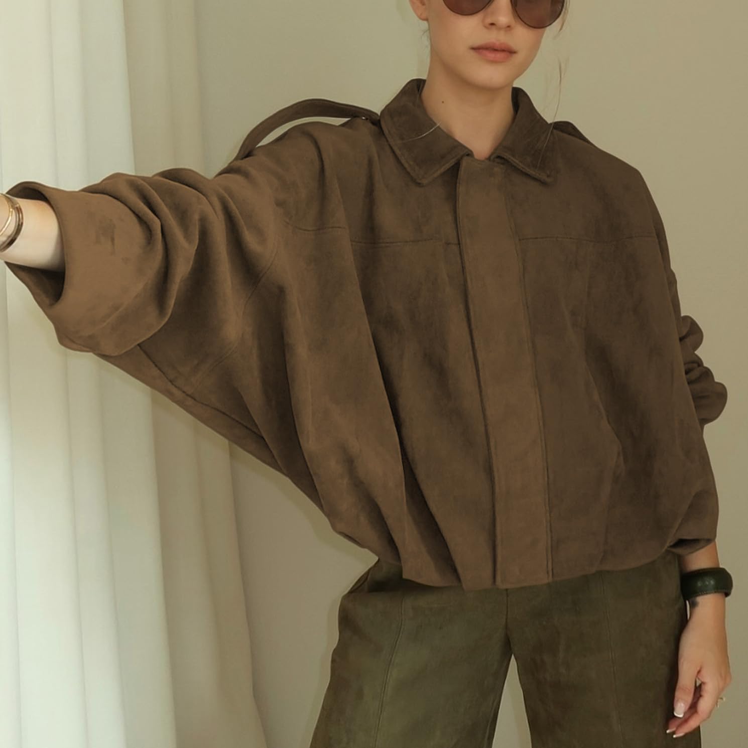 Womens Faux Suede Bomber Jacket Casual Lightweight Batwing Long Sleeve Oversized Coat Streetwear Outfits - Image 4