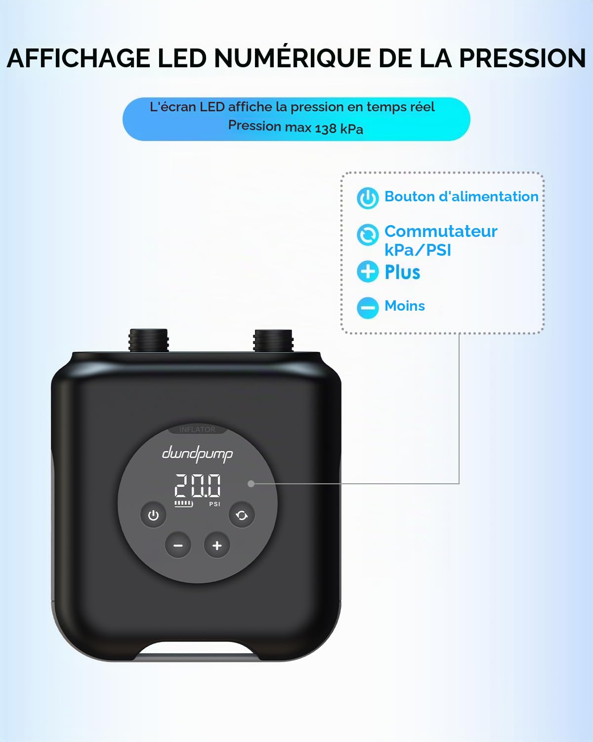 Pompe Sup Rechargeable 20PSI, air sans Fil 4000 mAh -12V connecteur Voiture, compresseur Double étage de gonflage/dégonflage, Pompe à Kayak