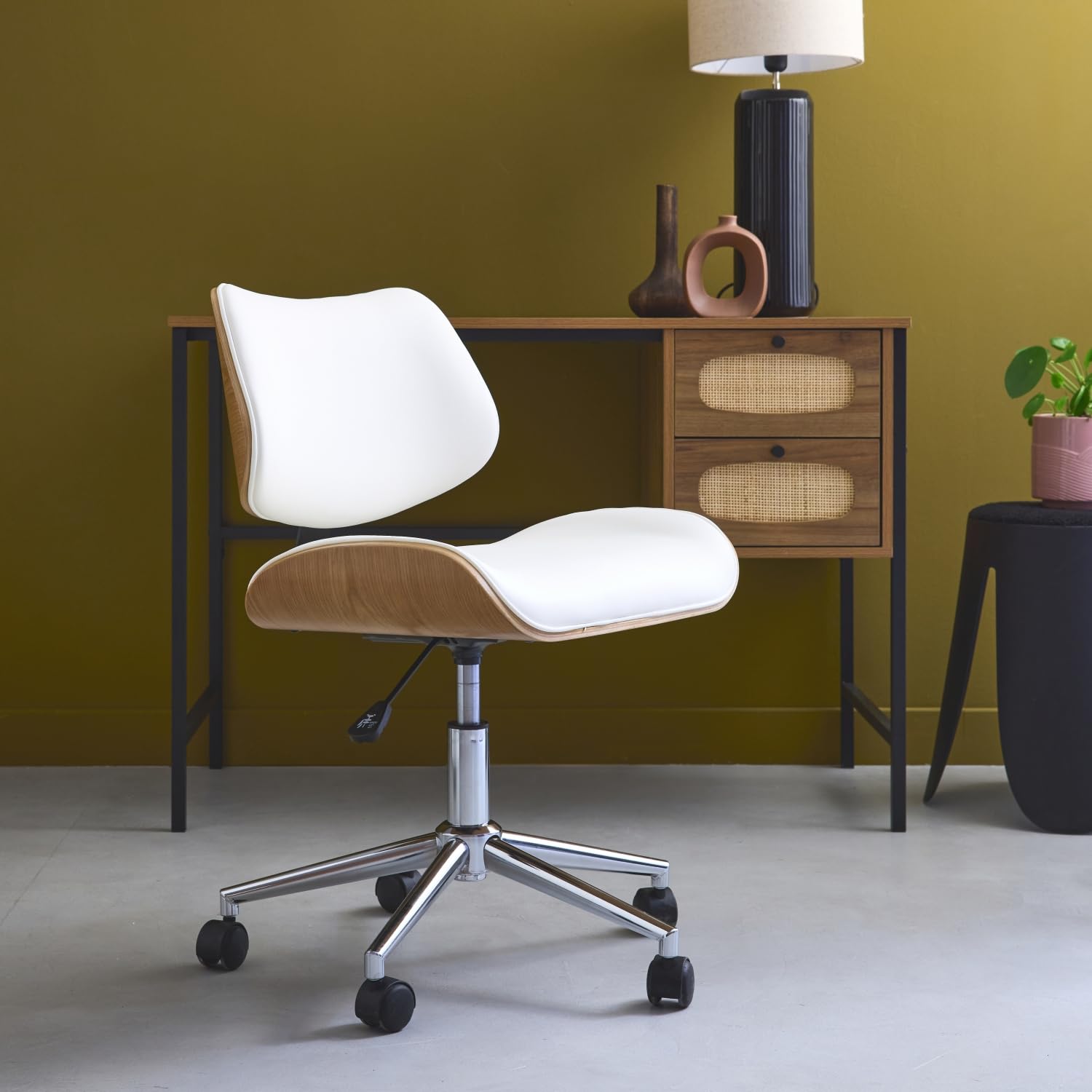 sweeek-Silla de Oficina con Ruedas, Madera Curvada y Acabado en Polipiel, Karen, Blanco, 52x53x88 cm