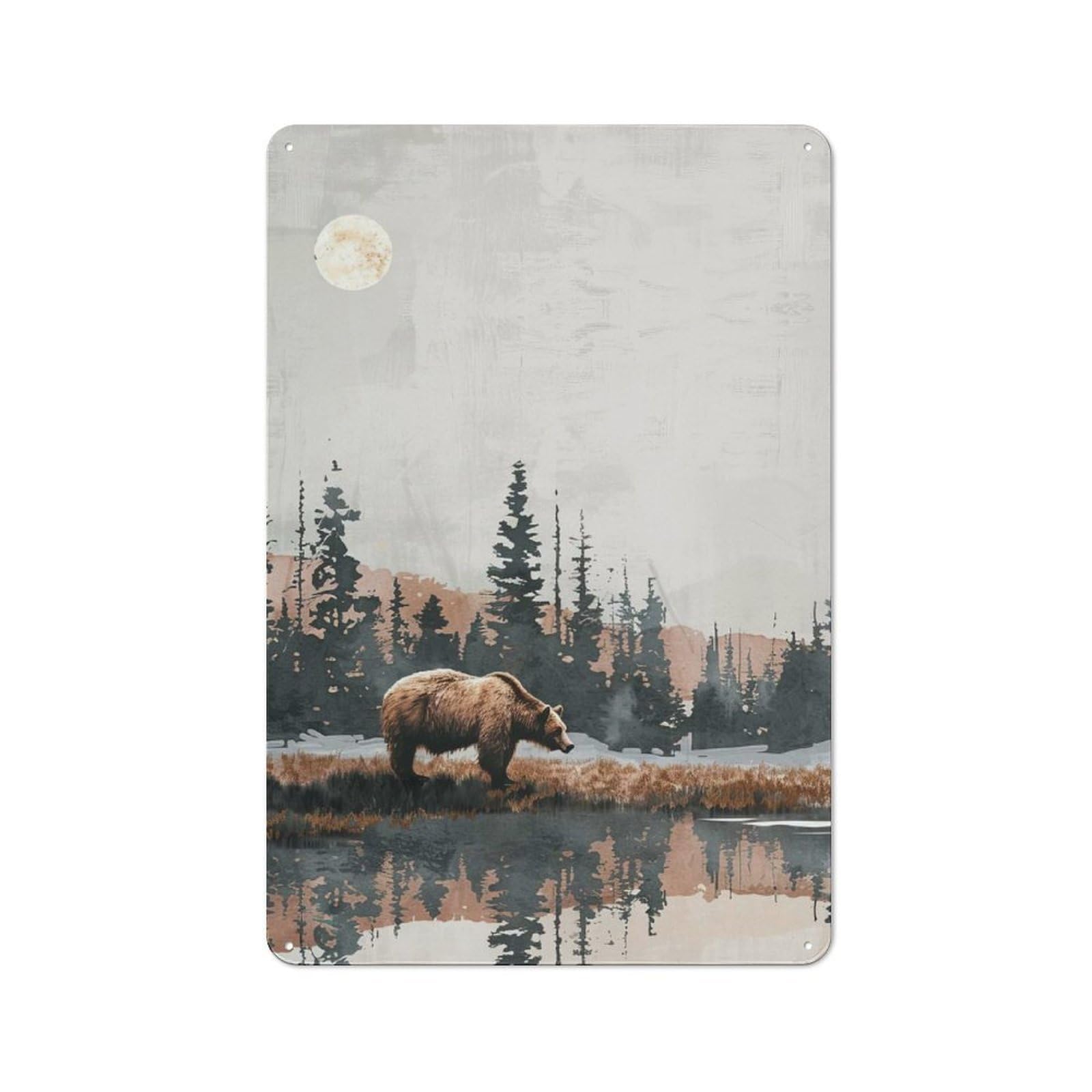 Junmoney Bear By The Lake Tin Wall Plaque 30X20cm With For Living Room Or Hallway, A Decorative Christmas Gift For Hallway Decor Fans