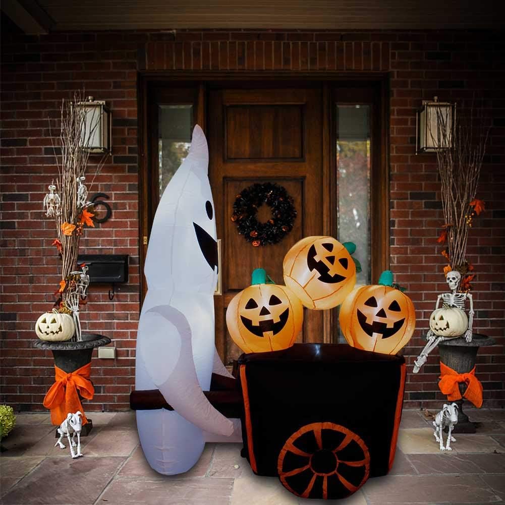 YOFIT Halloween Inflatable Pumpkin Cart Pushed by a Ghost with LED Lights, 6 FT High Novel Horror Pumpkin Ghost Cart for Halloween Activities Parties Indoor and Outdoor Decoration