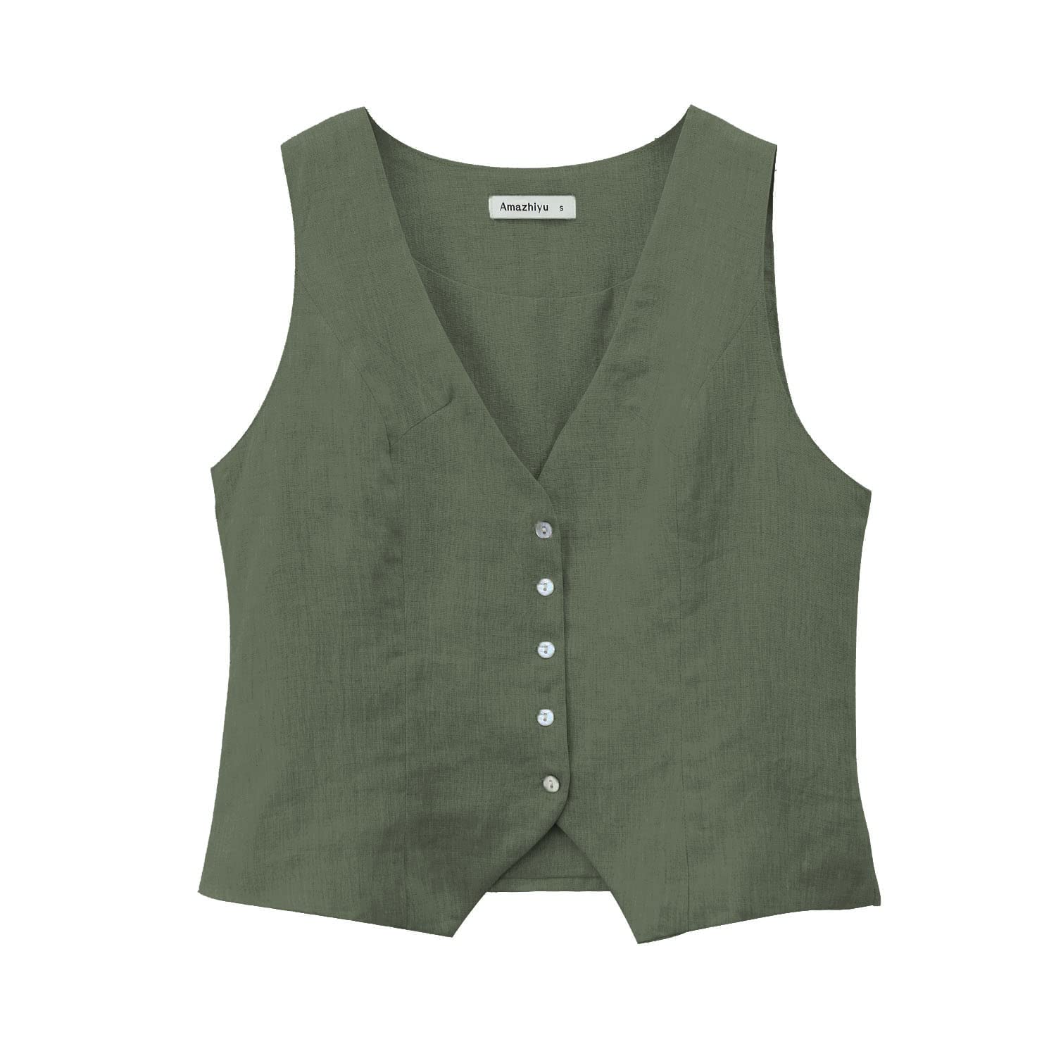 Amazhiyu Chaleco de traje para mujer, de lino, sin mangas, cuello de pico, corto, con botones, ajuste estrecho, correas ajustables
