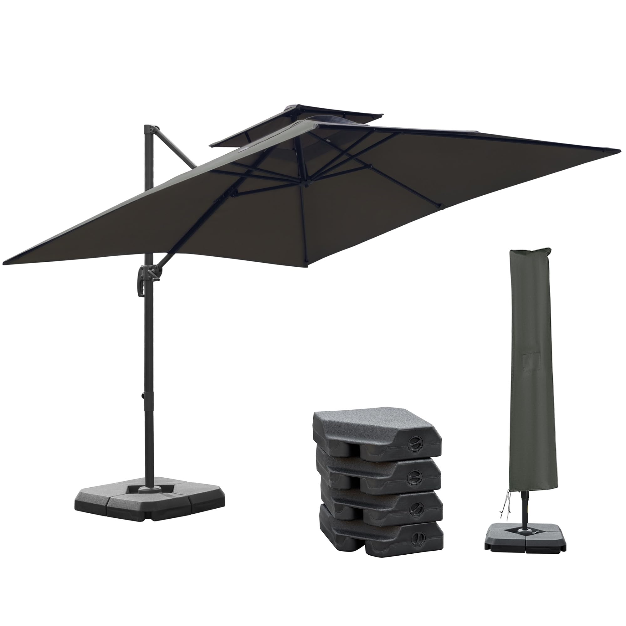 Outsunny 2.7 x 2.7(m) Garden Cantilever Roma Parasol with Aluminum Frame, Crank and Tilt, UV 50+, 360° Rotation, 180g Polyester Sun Shade Canopy with Base Weights and Cover