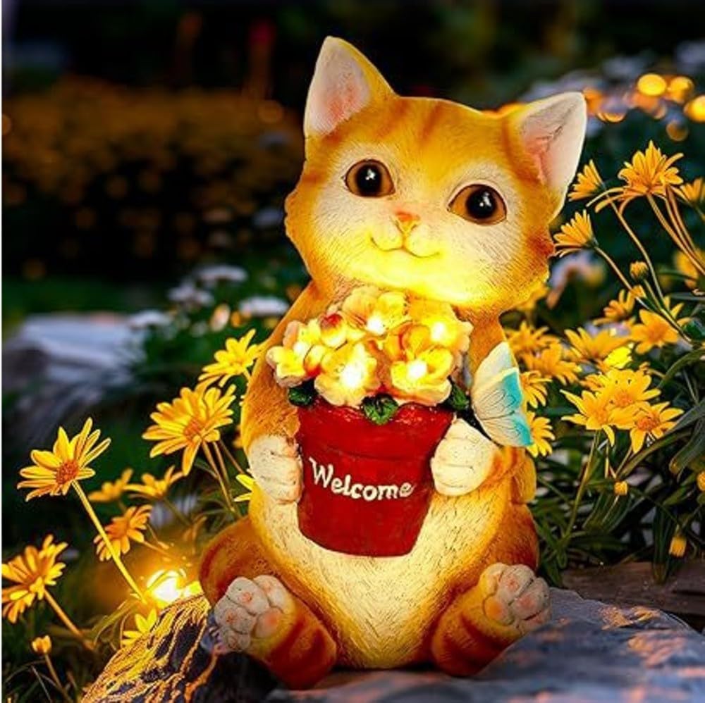 Lampada solare da giardino dipinta a mano gatto bianco caldo LED