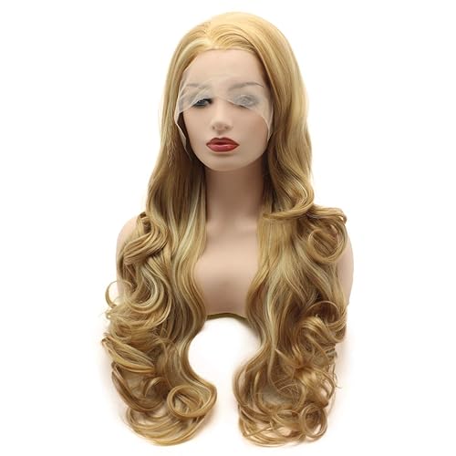 Miniatura 3 de meiyite ondulado largo de 26inch de dos tonos de pelo rubio mezcla de café alta densidad calor sintético peluca de encaje frontal