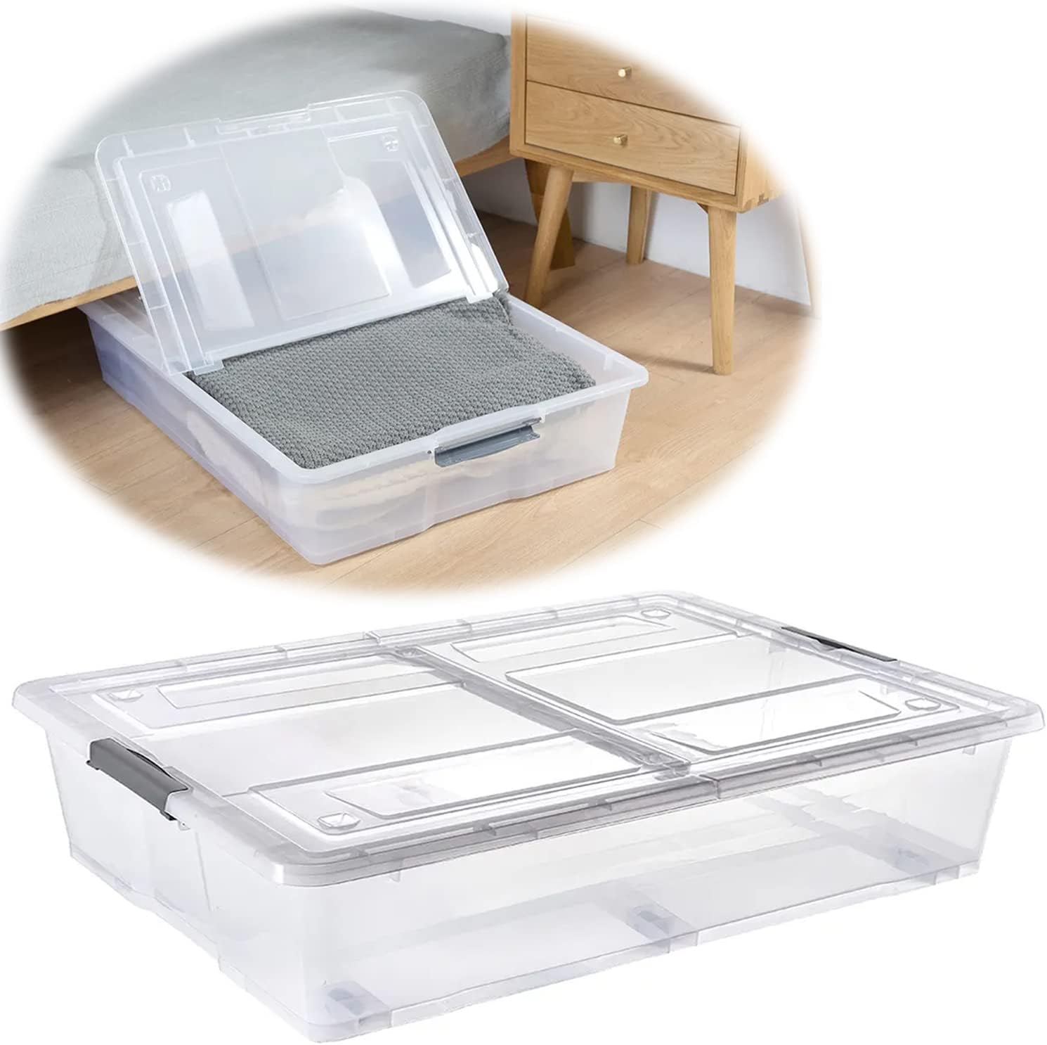 Premify 55L Plastic Storage Box With Dual Lid & Wheels | Slim Under Bed Plastic Organizer – Stackable Transparent Box Storing Clothes, Toys, Shoes, Tools, Medicine, Office Supplies, Crafts, Kitchen