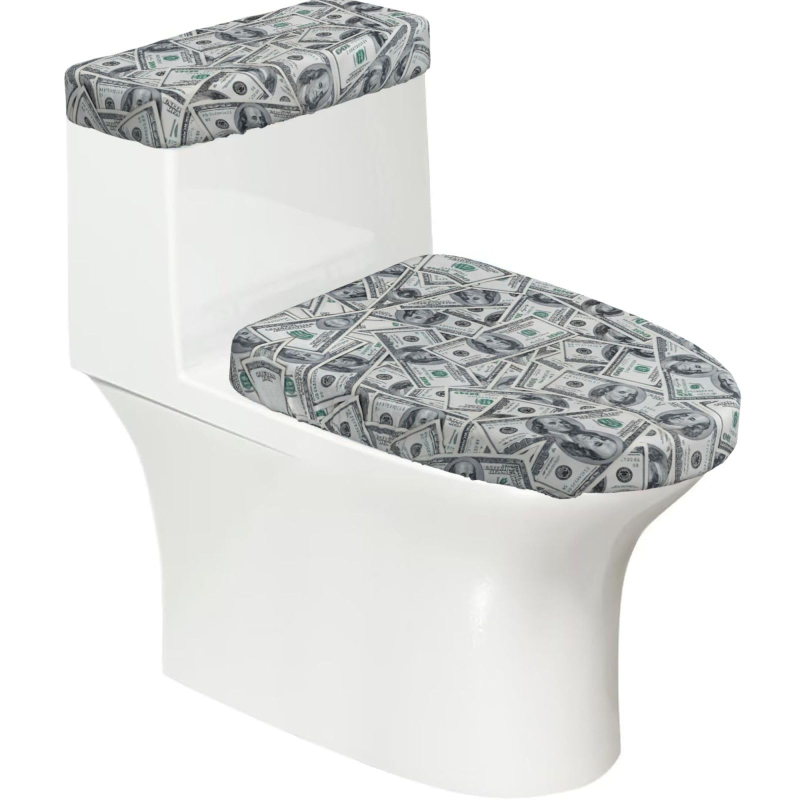Funny Dollar Money Printed Toilet Tank and Lid Cover Set of 2 for Most Bathrooms, Fits Elongated Round Toilets