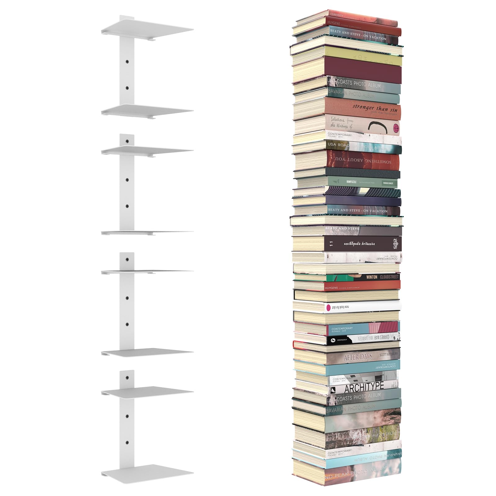 Mefirt Mensole Libri Invisibili, 8 Scaffali Verticali, Mensole da Muro Invisibili per Libri, Libreria Invisibile da Parete per la Camera da Letto, Decorazione per L'ufficio, 4 Pezzi, Bianco