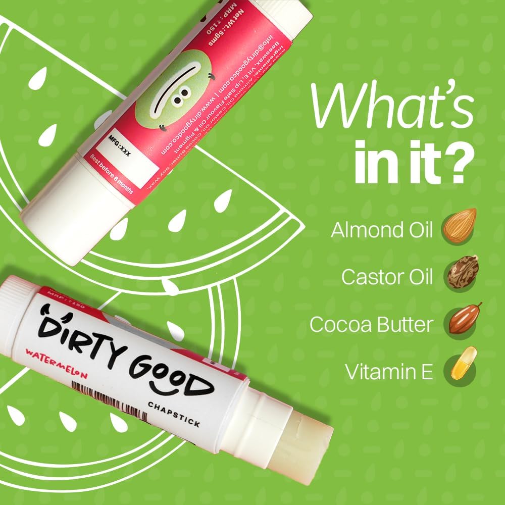 Dirty Good Kids Lip Balm Pack of 2 (5g Each) - Strawberry & Watermelon|Moisturising for Dry, Chapped Lips|Non-Sticky & Long Lasting | Shea Butter & Vitamin E | Preservative, Paraben & Phthalates Free