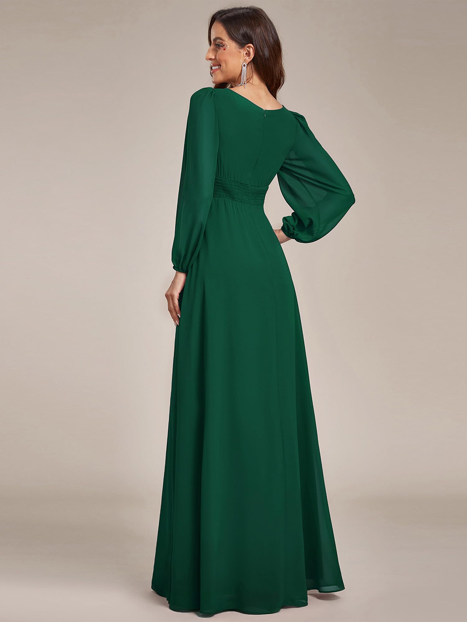 Ever-Pretty Robe Demoiselle d'honneur Femme Longue Manches Longues Col Rond Mousseline Chic Vert Foncé 34