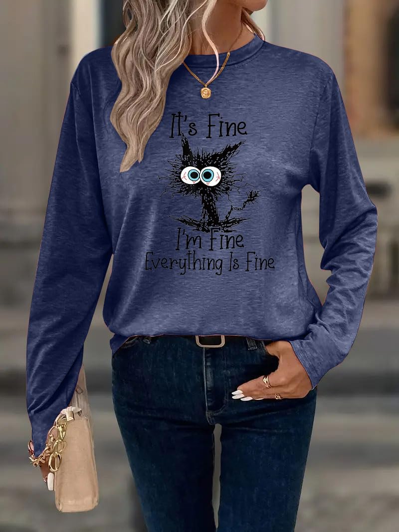 It's Fine I'm Fine Everything is Fine Funny Cat Printed T-Shirt for Women Long Sleeve - Image 3