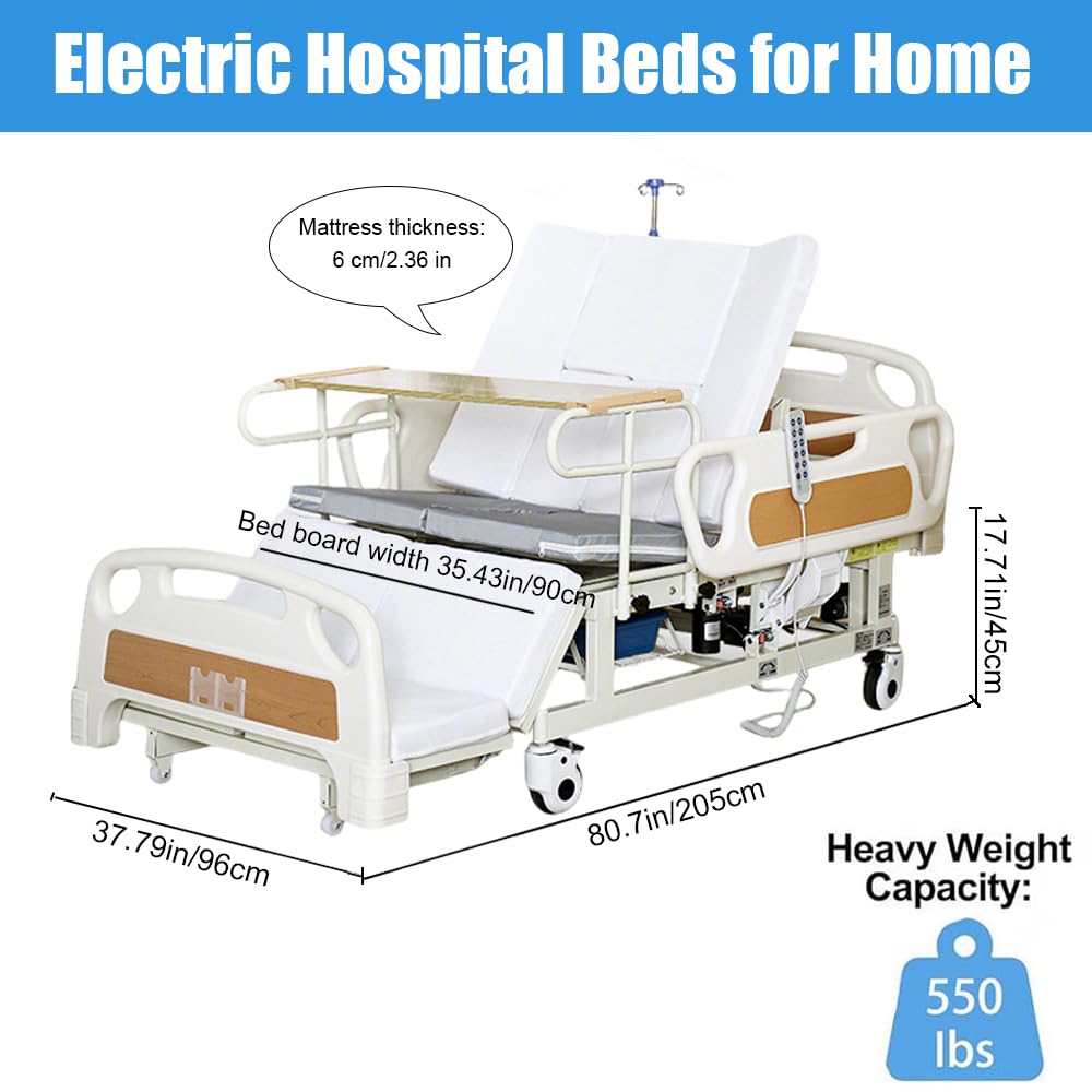 Cama de Hospital Eléctrica Premium para Uso Doméstico, 10 Funciones con Inclinación Lateral, Ruedas Giratorias Bloqueables de 5", Capacidad de 250 kg, Incluye Portasueros y Mesa para Alimentación