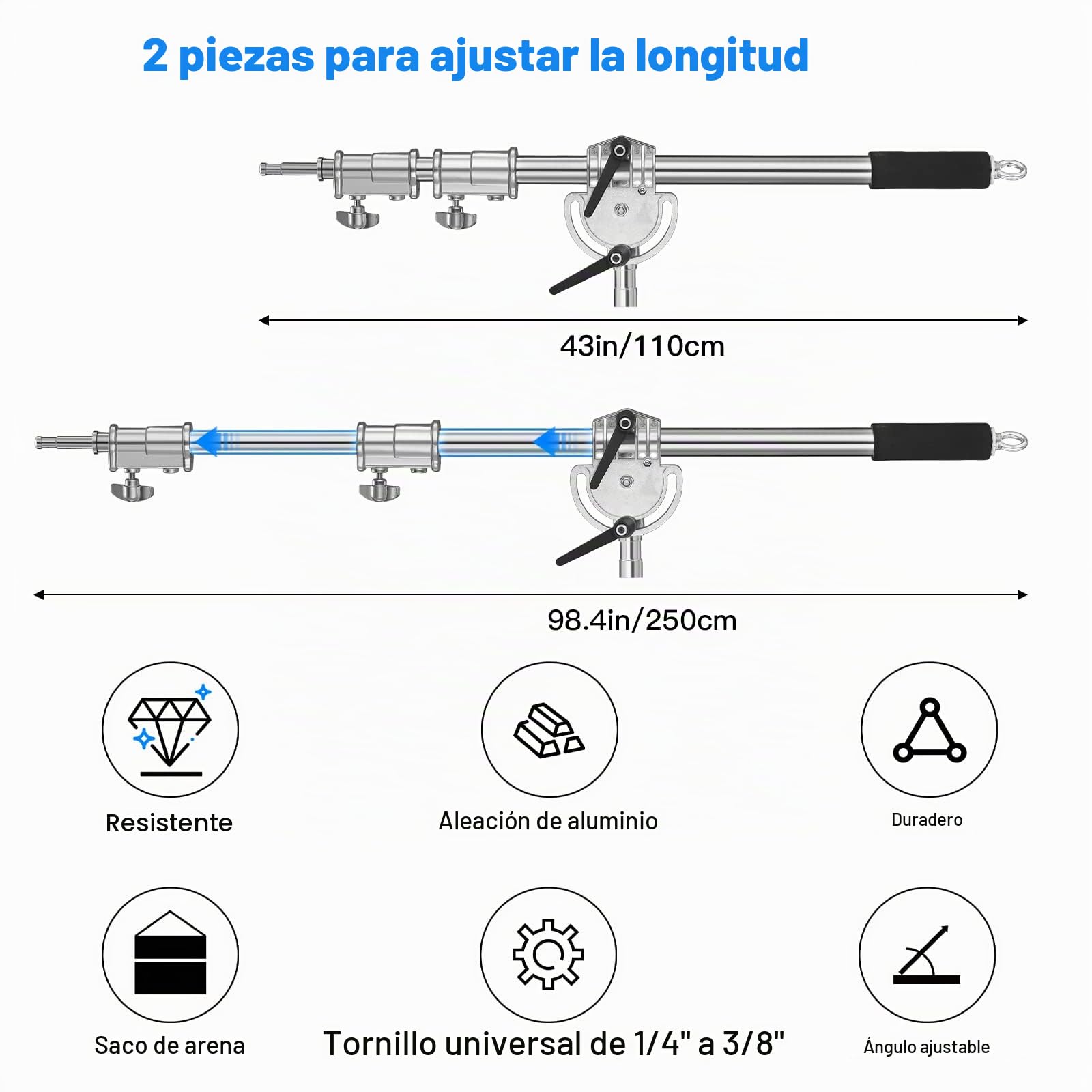 Soonpho Brazo Transversal de Acero Inoxidable Pesado para C Stand,Brazo de extensión 3.6ft a 8.2ft Boom Stand Arm,Conector Universal con Sacos de Arena para Estudio de luz única softbox reflectores