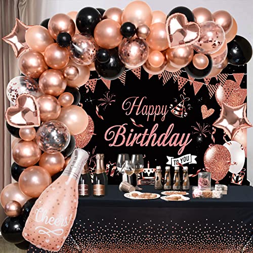 94Pcs Décoration Anniversaire Rose Or Noir Confettis Ballons Guirlande Arche Kit Cœurs Étoile Champagne Foil Ballon Happy Birthday Bannière Nappe pour Homme Femme Mariage Anniversaire Fête Decor