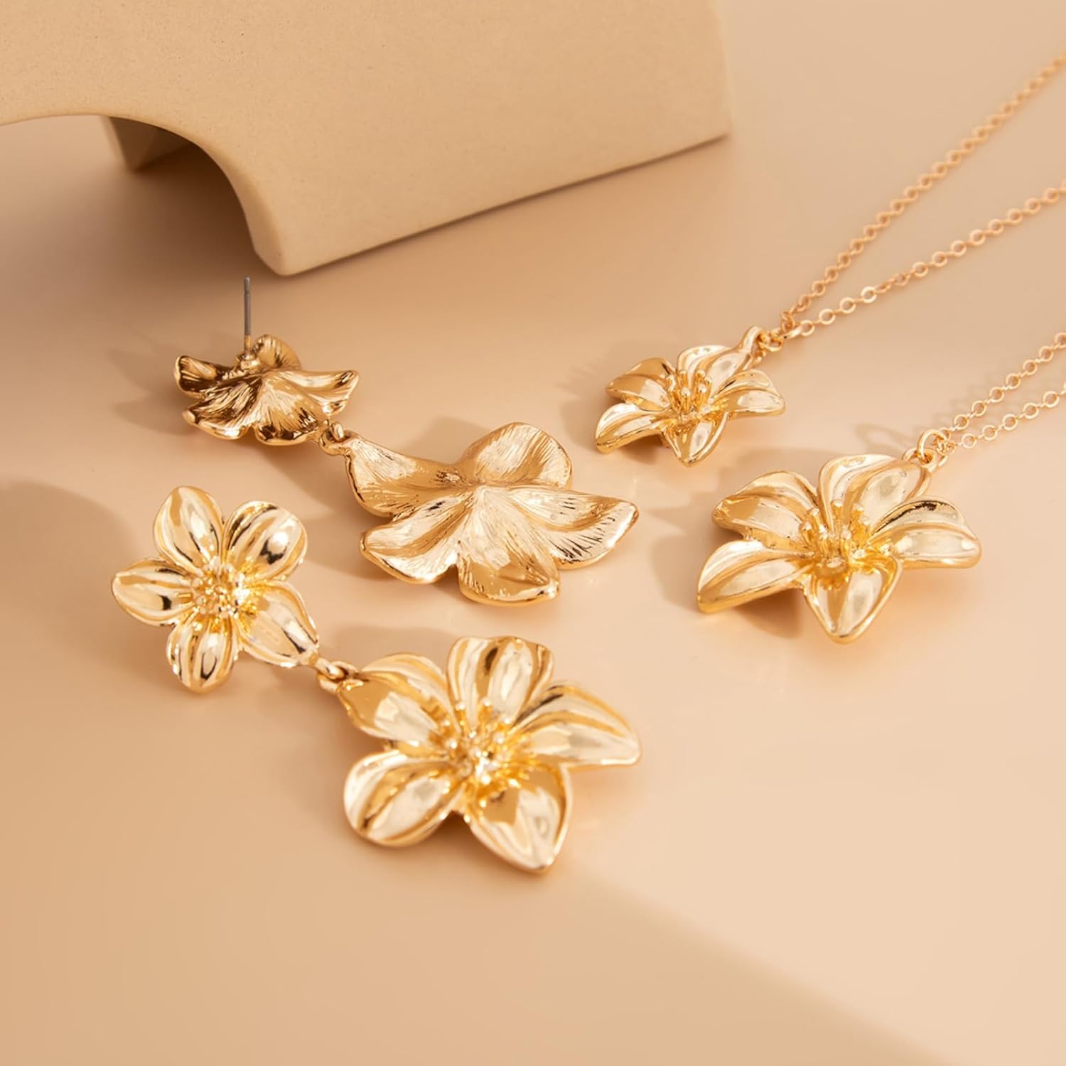 Frodete Large Double Flower Necklace Earrings Set for Women Chunky Gold Layered Floral Jewelry Boho Statement Necklace and Earrings Set - Image 5