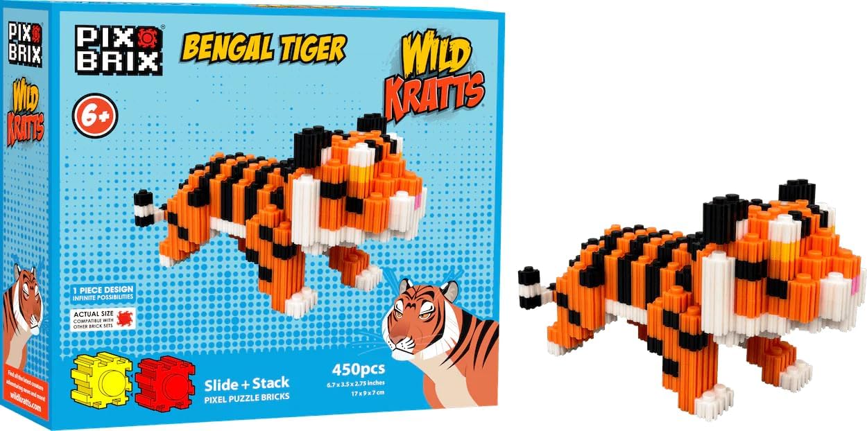 Pix Brix - Pixel Art Kit - Bengal Tiger, 450 Pieces - Patented Slide + Stack Pixel Puzzle Building Bricks, Build & Collect Animals - Stem Toys, Ages 6 Plus