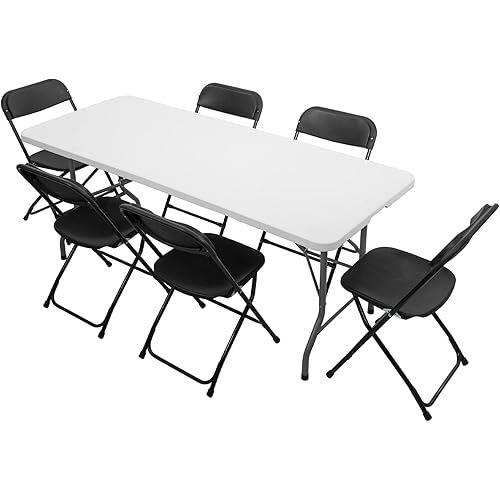 VINGLI 6 FT Plastic Folding Table Set with 6 Black Folding Chairs for Picnic, Event, Training, Outdoor Activities, at Home and Commercial Use